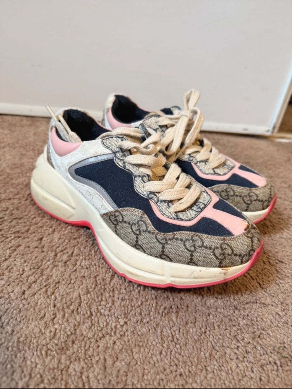 Gucci Chunky Sneakers in Pink, Navy & Beige Monogram